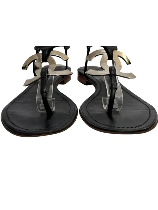 Chanel CC Logo T-Strap Leather Thong Sandals